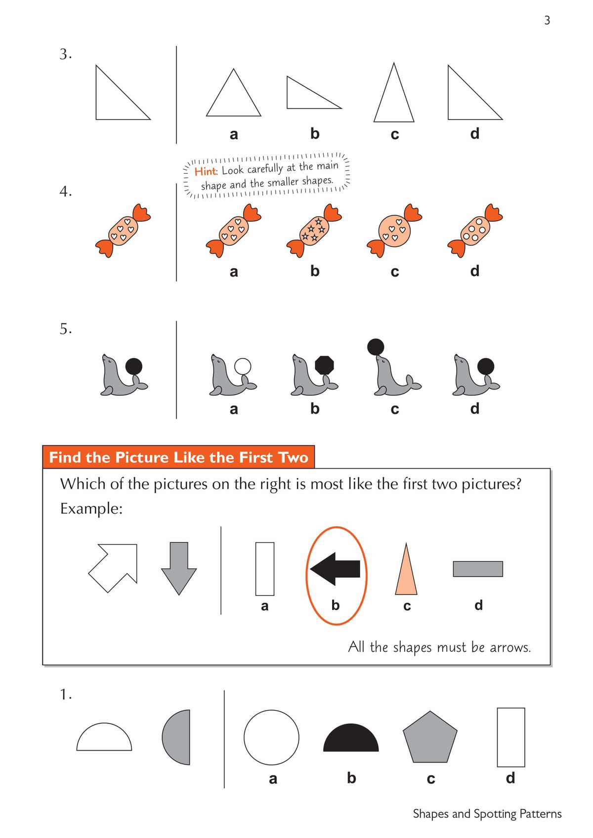 Non-Verbal Reasoning practice page showing shape-matching and pattern-spotting exercises with multiple-choice answers