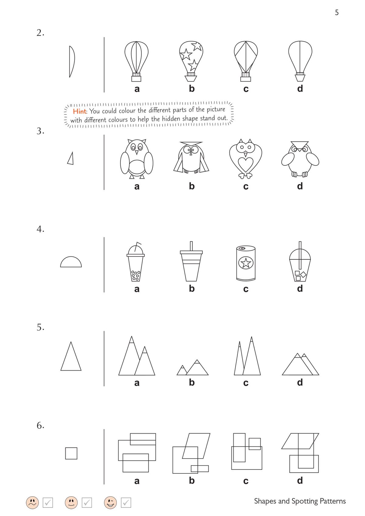 Practice page showing shapes and spotting patterns with hot air balloons, owls, drinks, and triangles