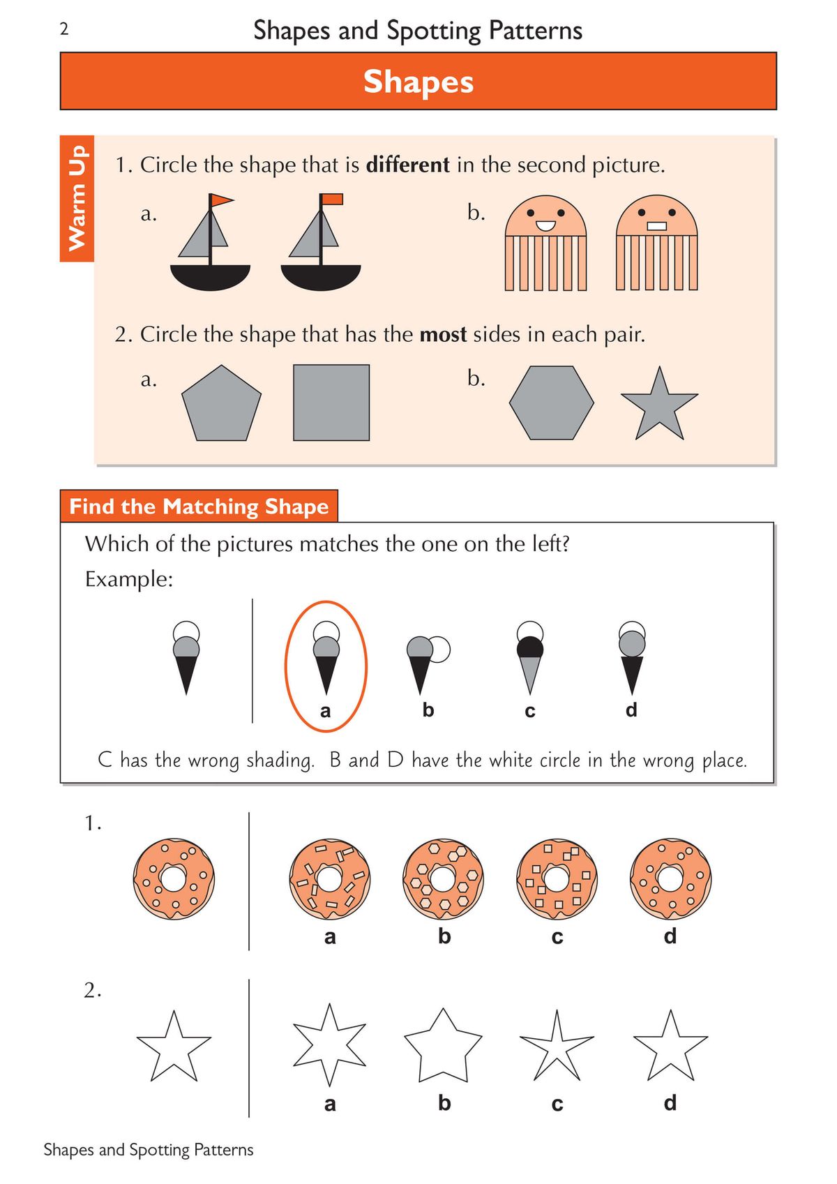 Sample pages showing shapes and pattern recognition exercises