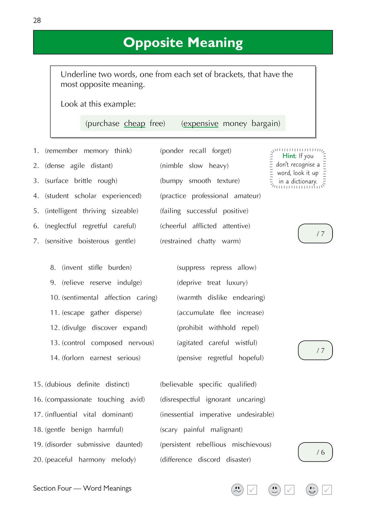 Inside pages showing Closest Meaning and Opposite Meaning verbal reasoning exercises with worked examples