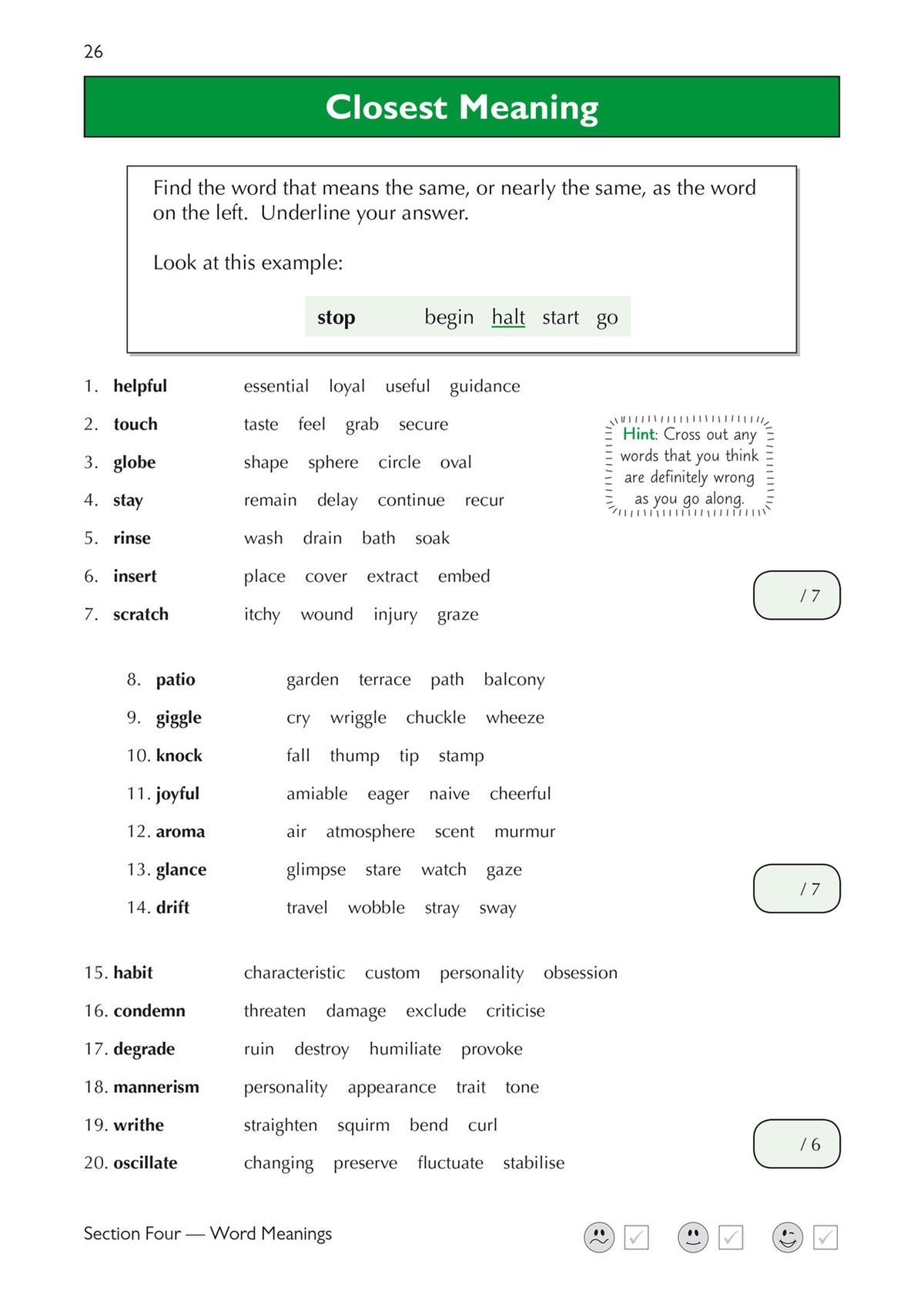 Sample page displaying Opposite Meaning questions with word pairs in brackets and hint boxes