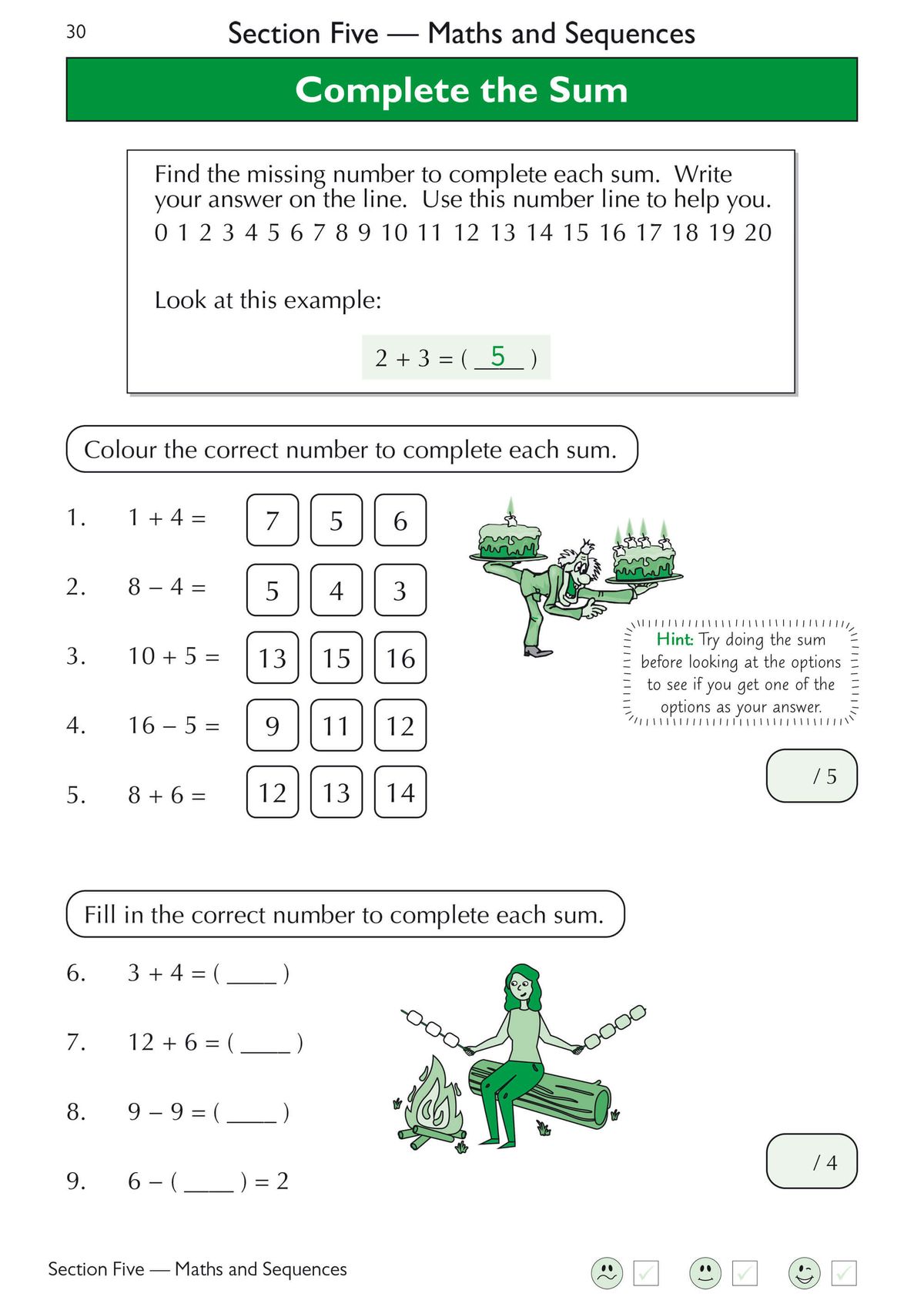 Sample inside pages showing letter-coded sums and complete the sum exercises with colourful illustrations