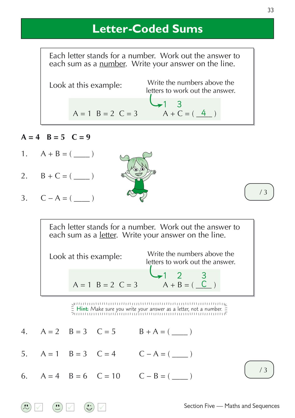 Verbal Reasoning practice page showing letter-coded sums exercises with worked examples and hints