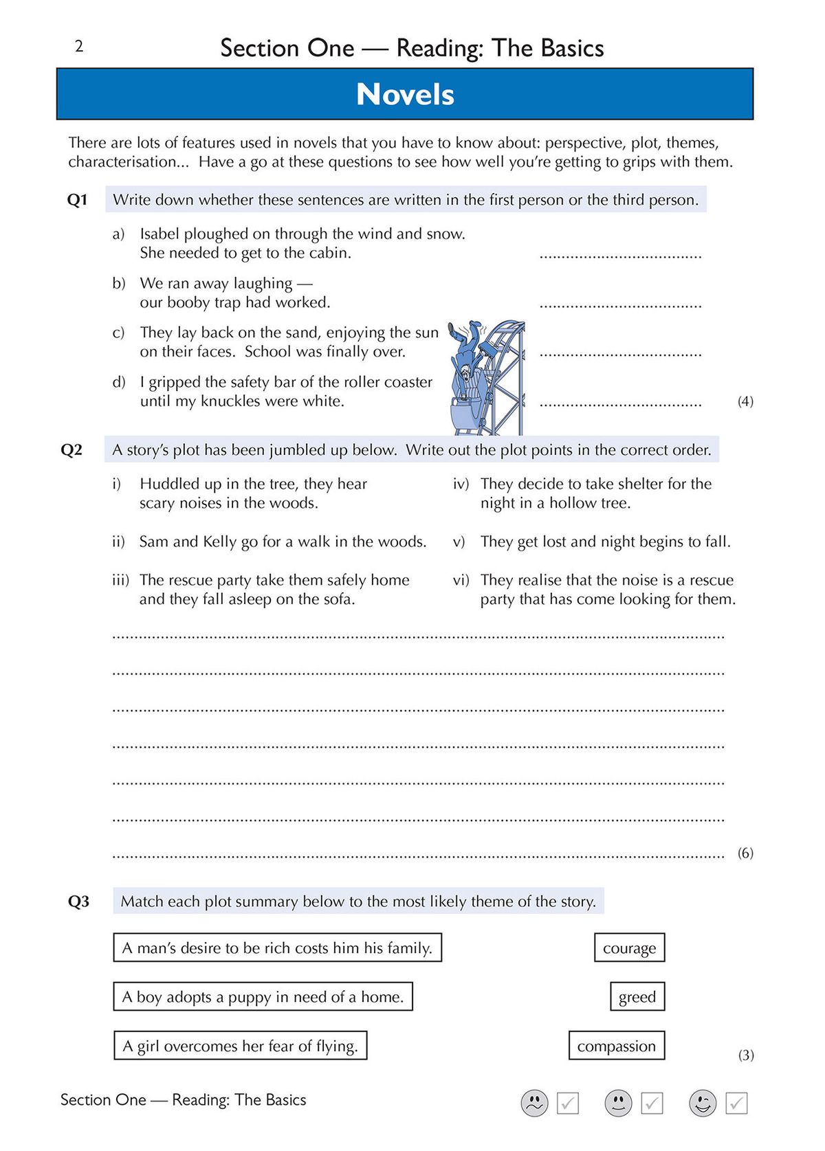 Inside pages showing reading comprehension questions on novels including character analysis and plot sequencing