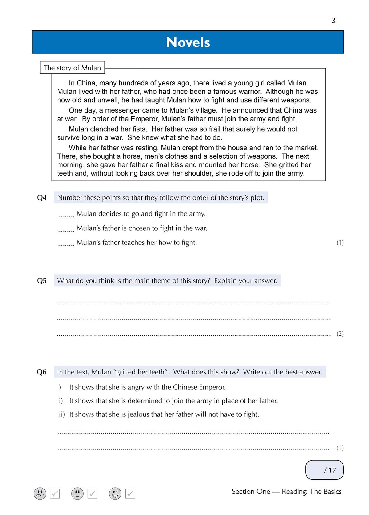 Sample page from the workbook displaying a narrative passage followed by inference and textual analysis questions