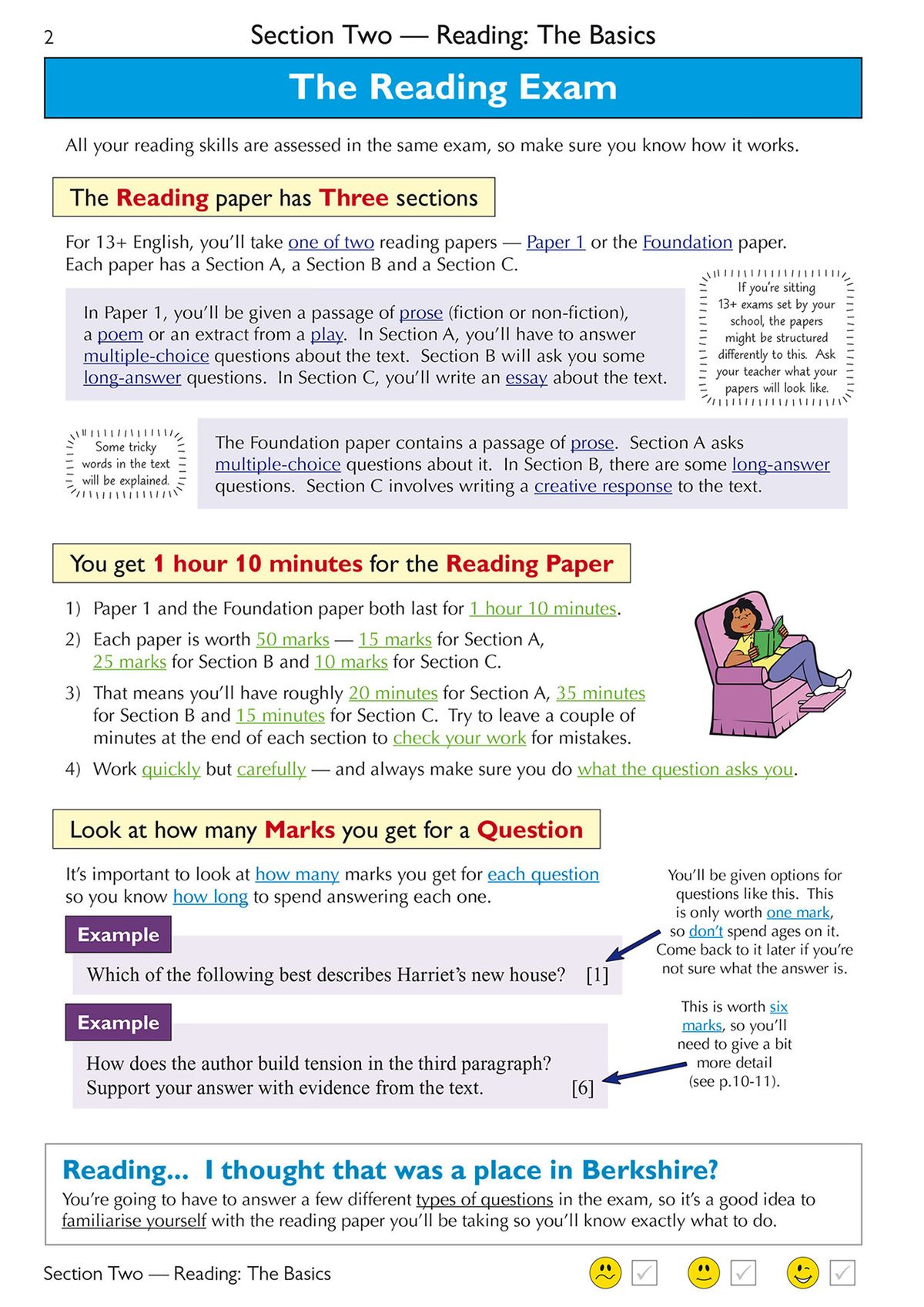 Inside page showing Reading Exam structure with timing and mark allocation