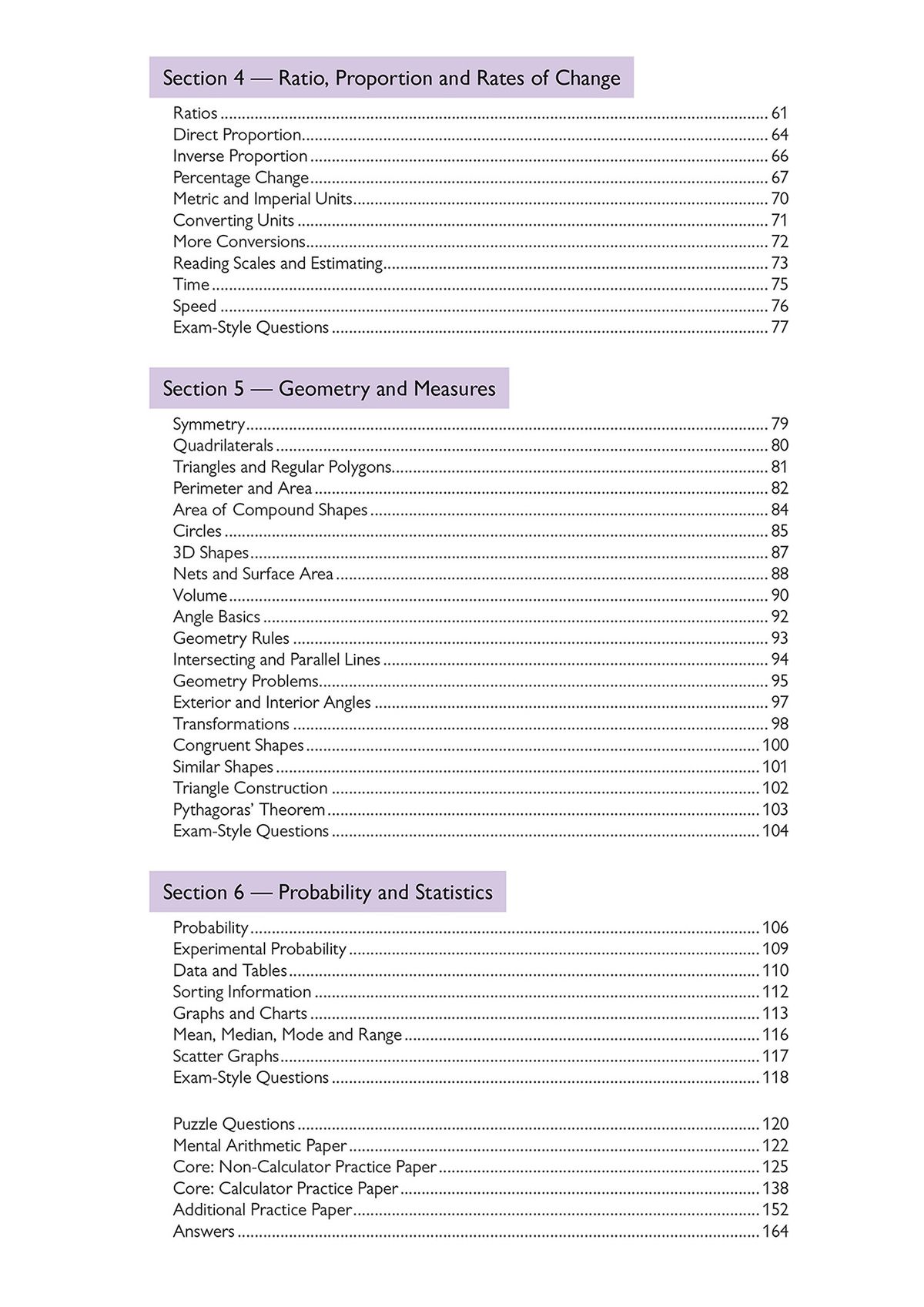 Contents page showing comprehensive topic coverage including ratio, geometry, and statistics sections