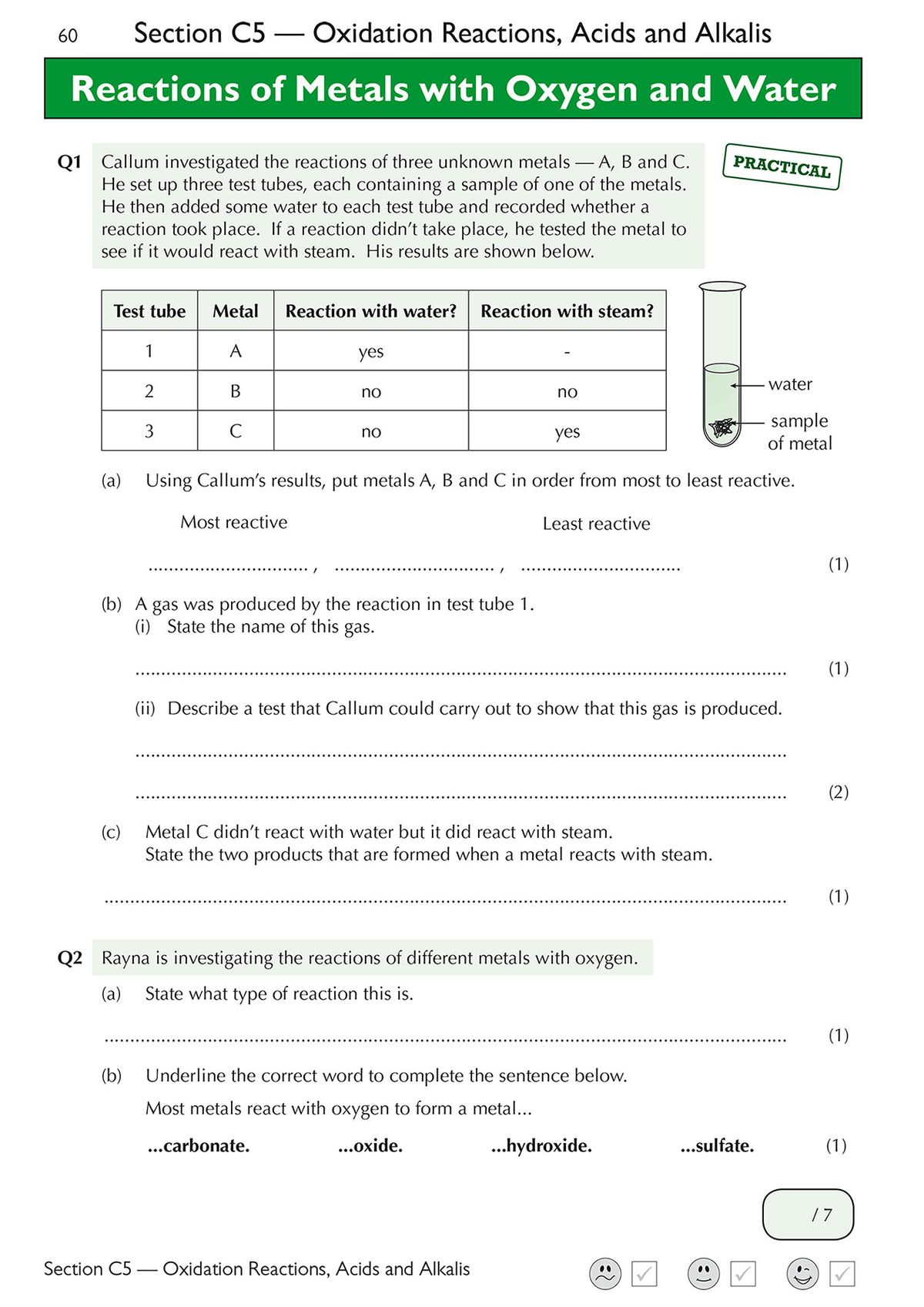 Sample pages from the 13+ Science Exam Practice Workbook showing reactions of metals with oxygen and water