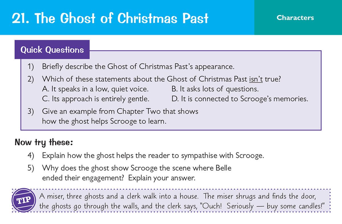 Sample question card showing questions about the Ghost of Christmas Past
