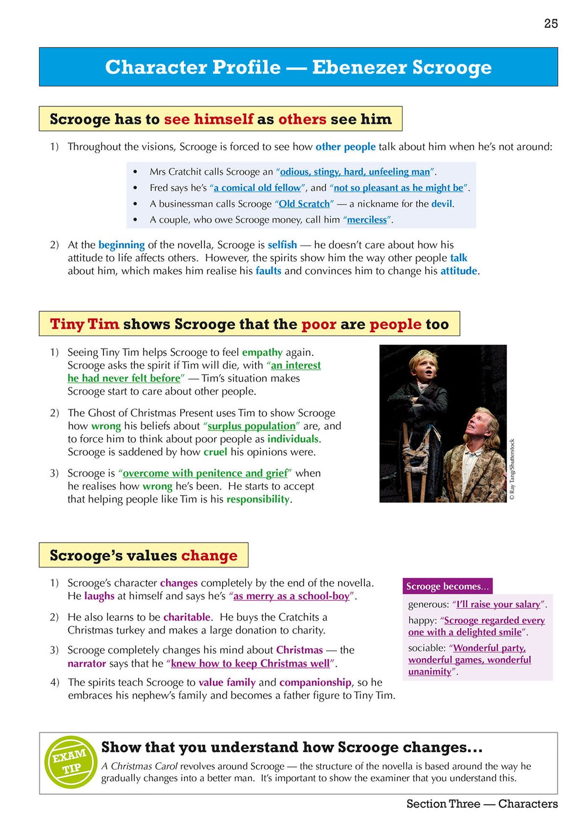Page showing how Scrooge's values change with highlighted text and exam tip box
