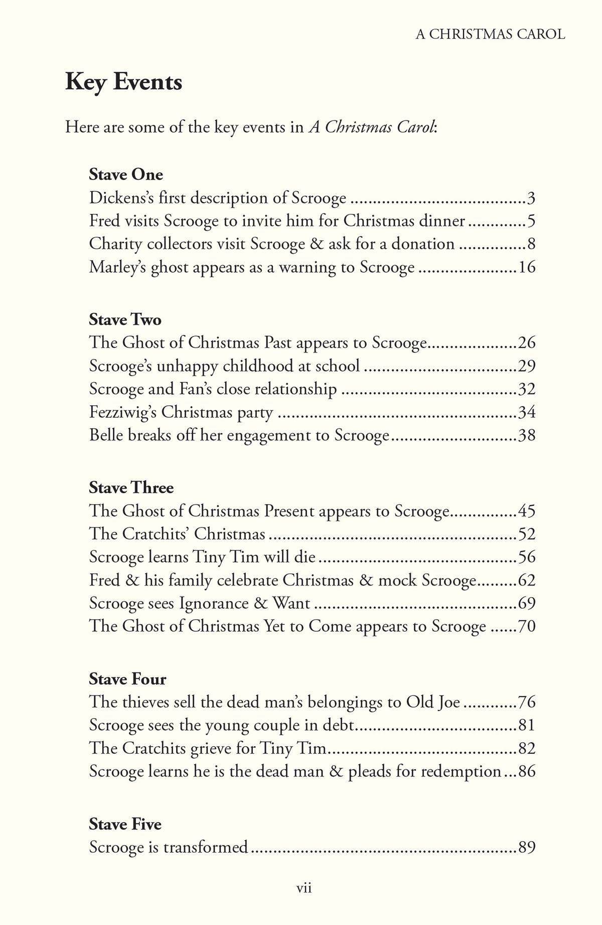 Key Events page listing major plot points by Stave with page references