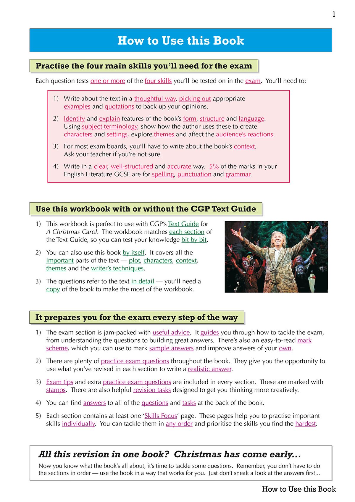 Contents page showing the workbook's clear structure including sections on writer's techniques and exam skills