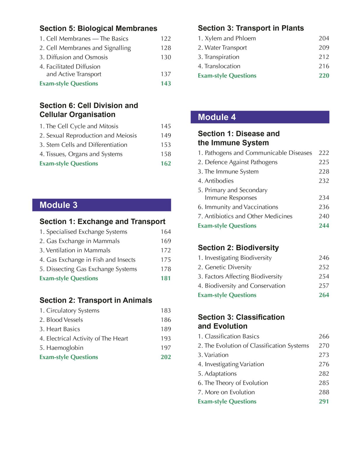 Contents page showing module structure and topic coverage for OCR A Biology
