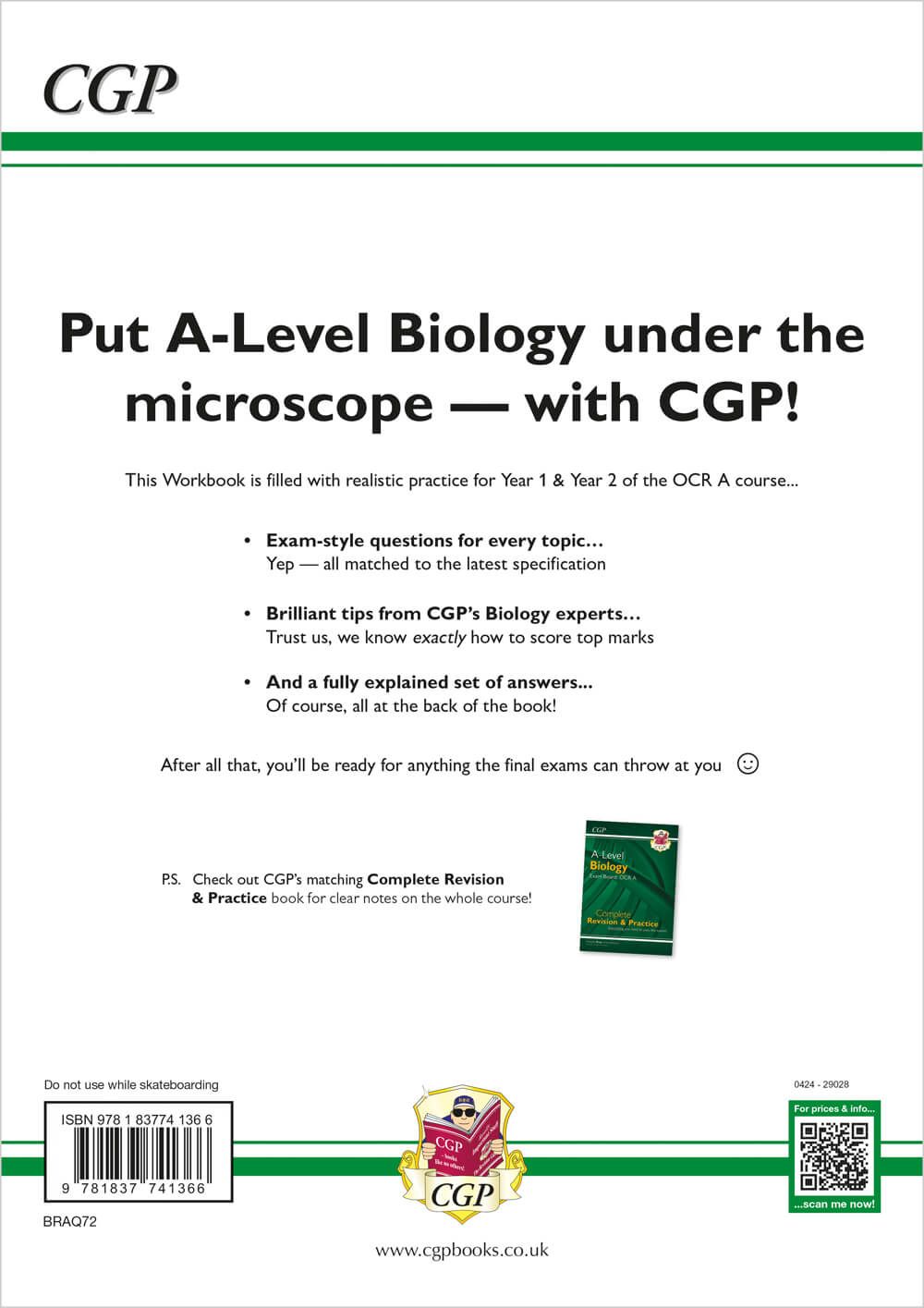 Back cover of the A-Level Biology OCR A Exam Practice Workbook showing course details and features