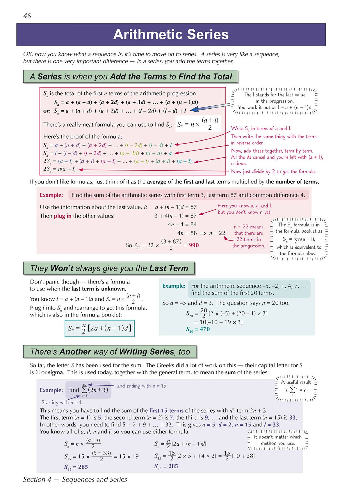 Page spread showing worked examples and revision notes for arithmetic series