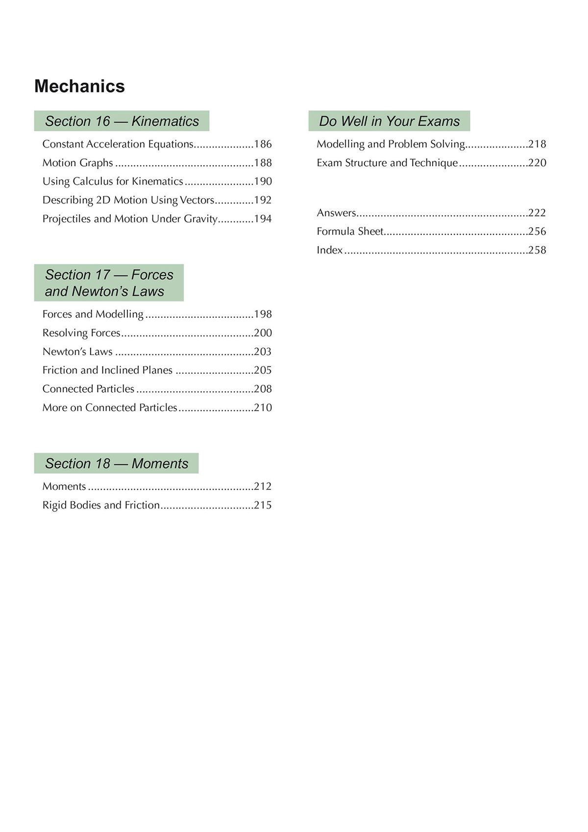 Contents page showing mechanics topics including kinematics, forces, and moments