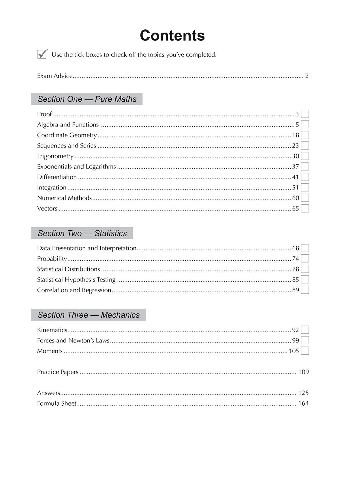 Contents page showing the full topic breakdown and tick-box progress tracker