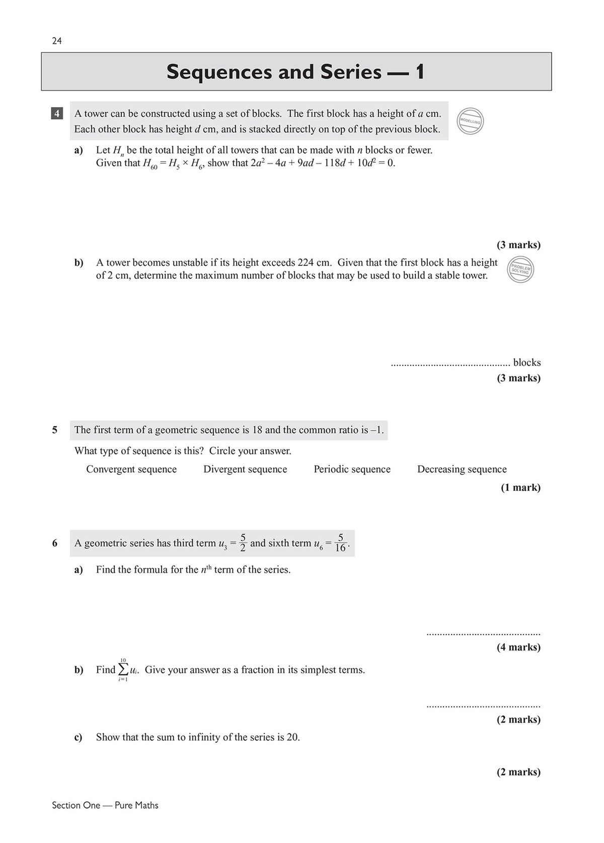 Sample page of Sequences and Series questions with space for student working