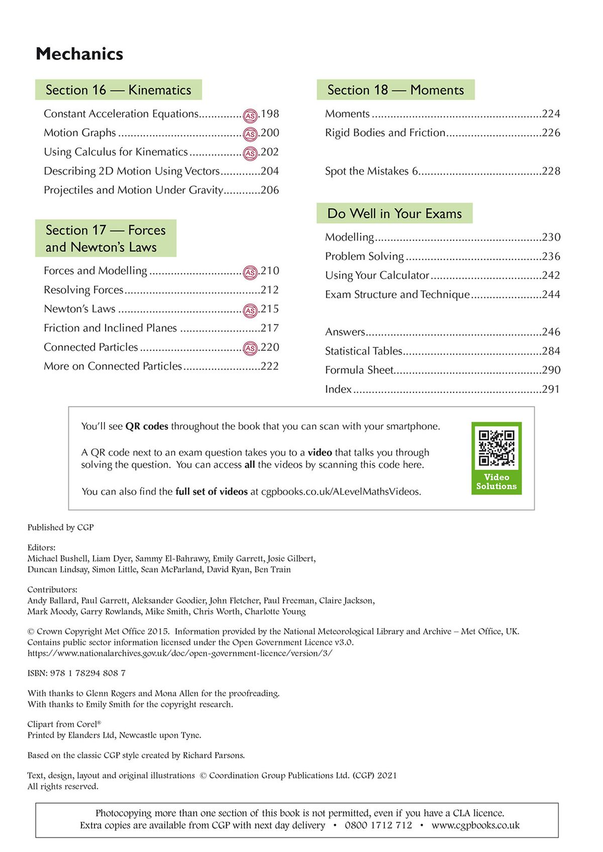 Contents page showing Mechanics section with Kinematics, Forces and Newton's Laws, plus video solutions feature