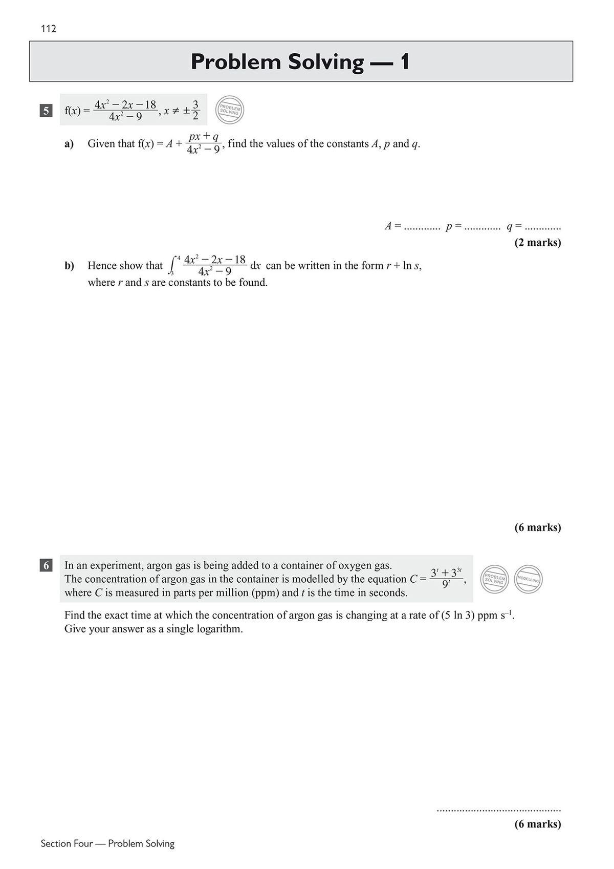 Sample problem-solving questions covering algebra and calculus