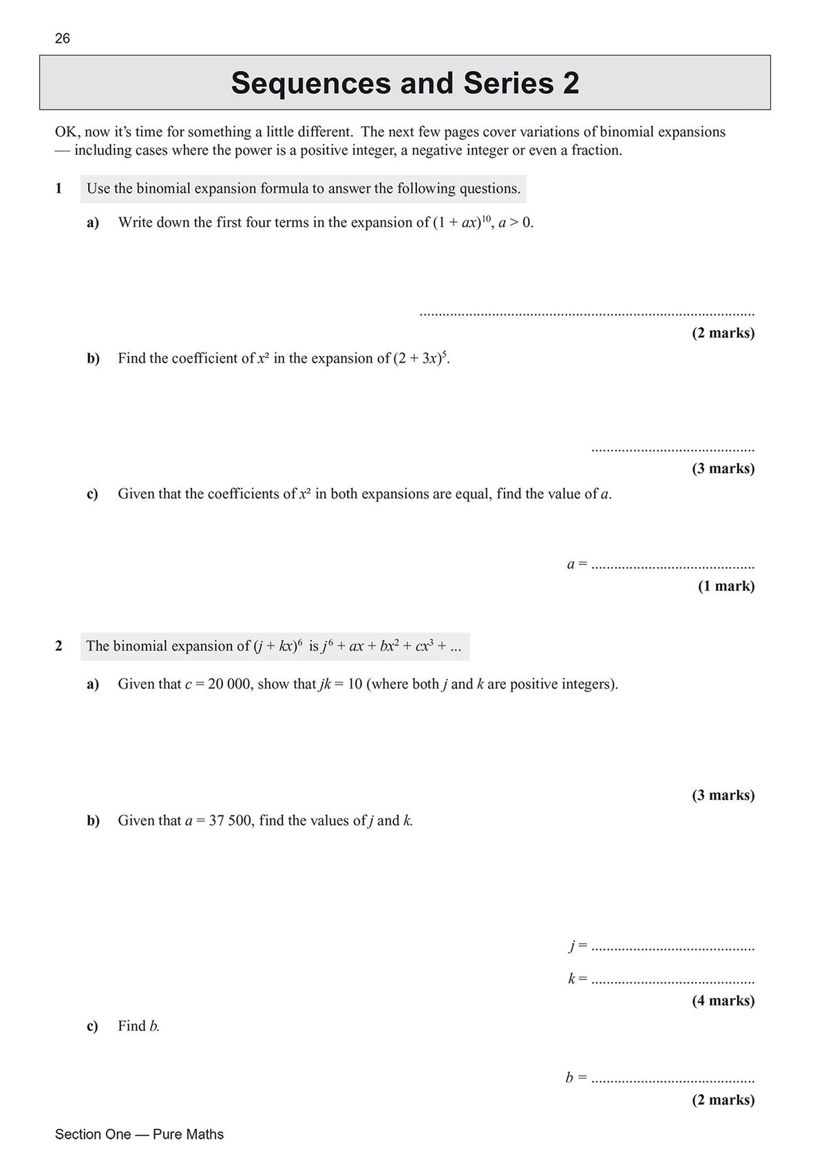 Inside pages showing sequences and series exam questions with worked solutions
