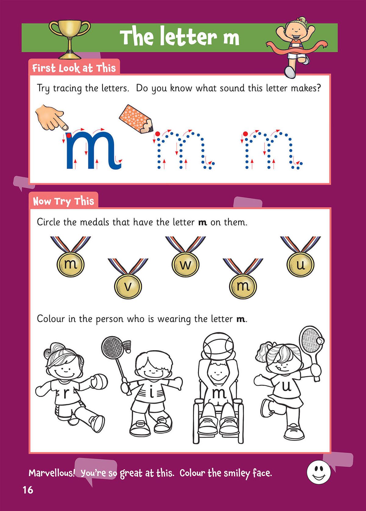 Letter m activity page with medal and character identification exercises