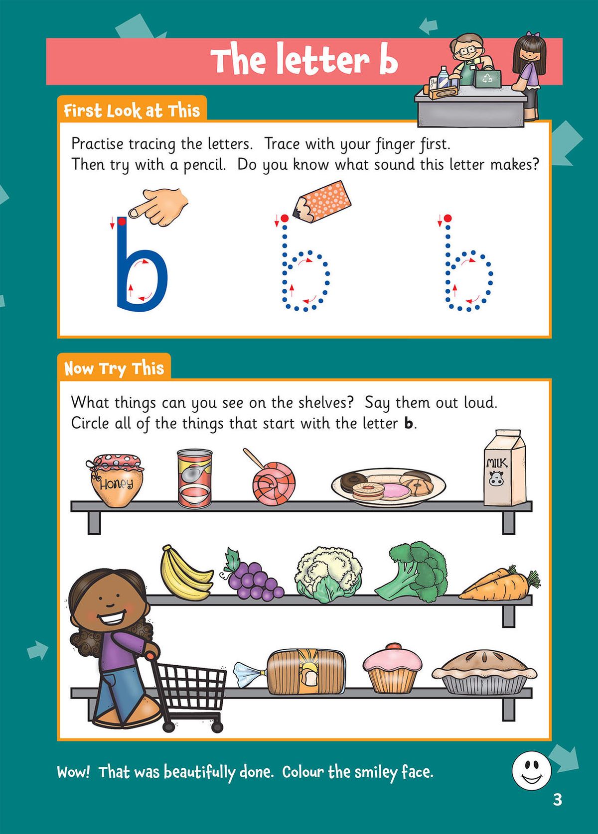 Letter b tracing and activity page with colourful illustrations