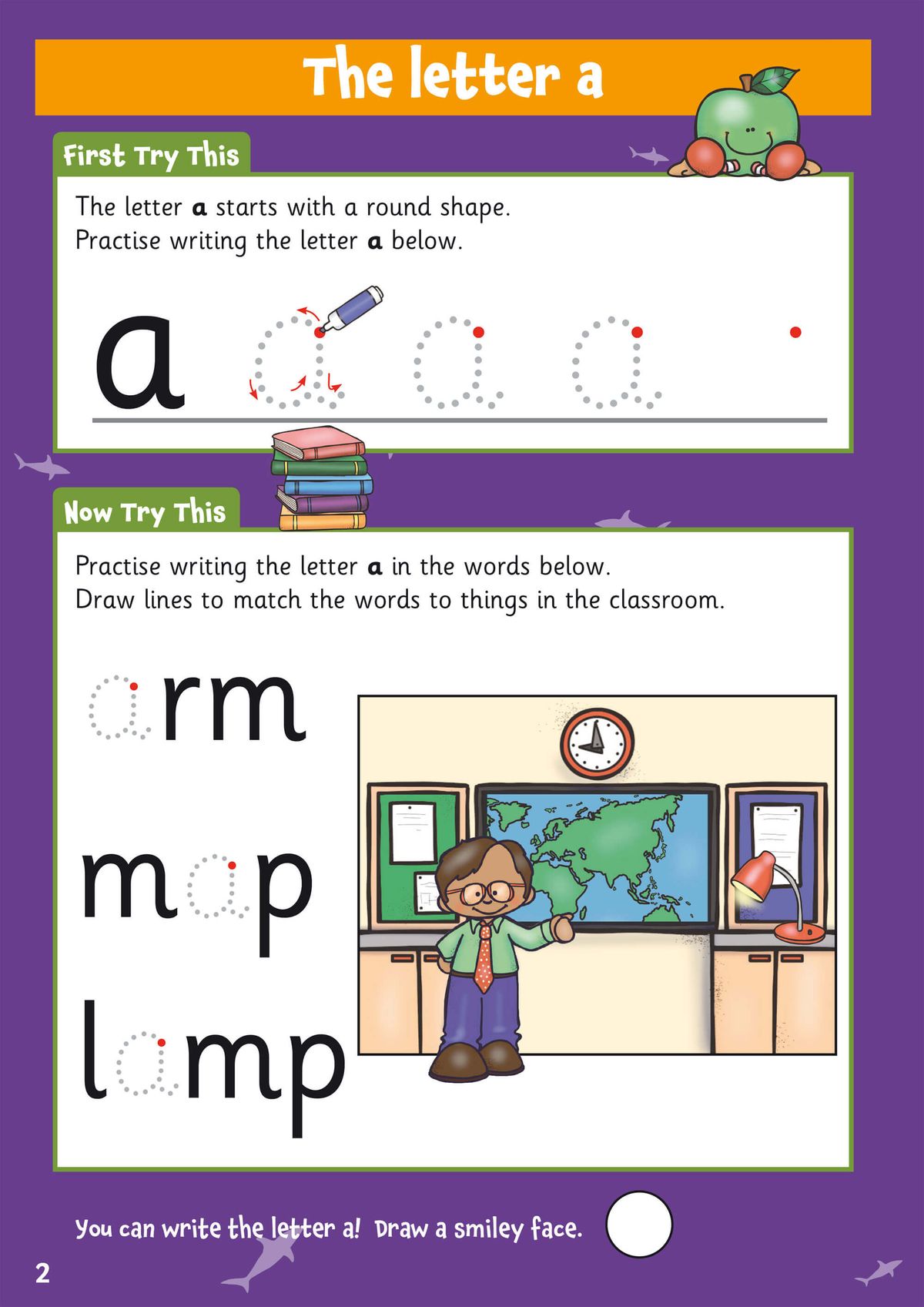 Letter formation practice page showing how to write the letter 'a' with guided tracing exercises