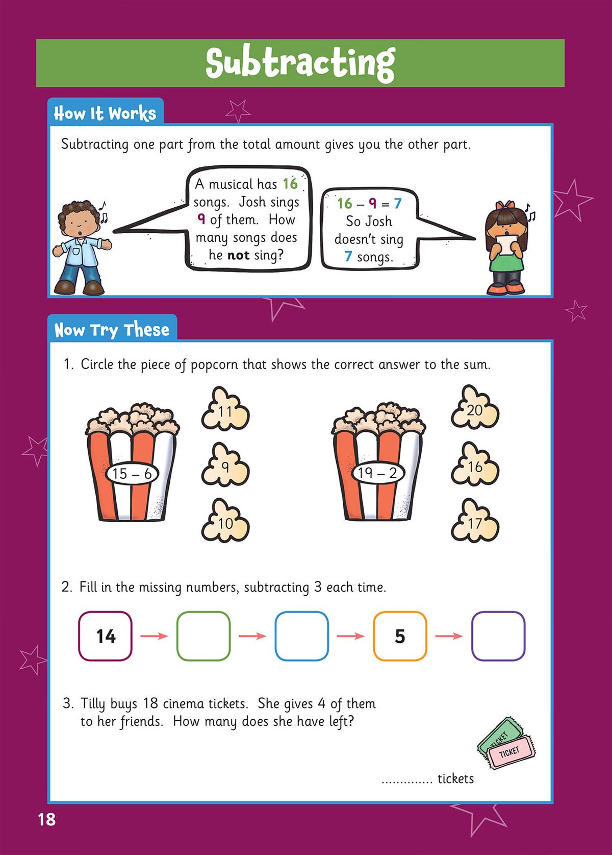 Subtraction practice page with how it works section and colourful popcorn illustrations
