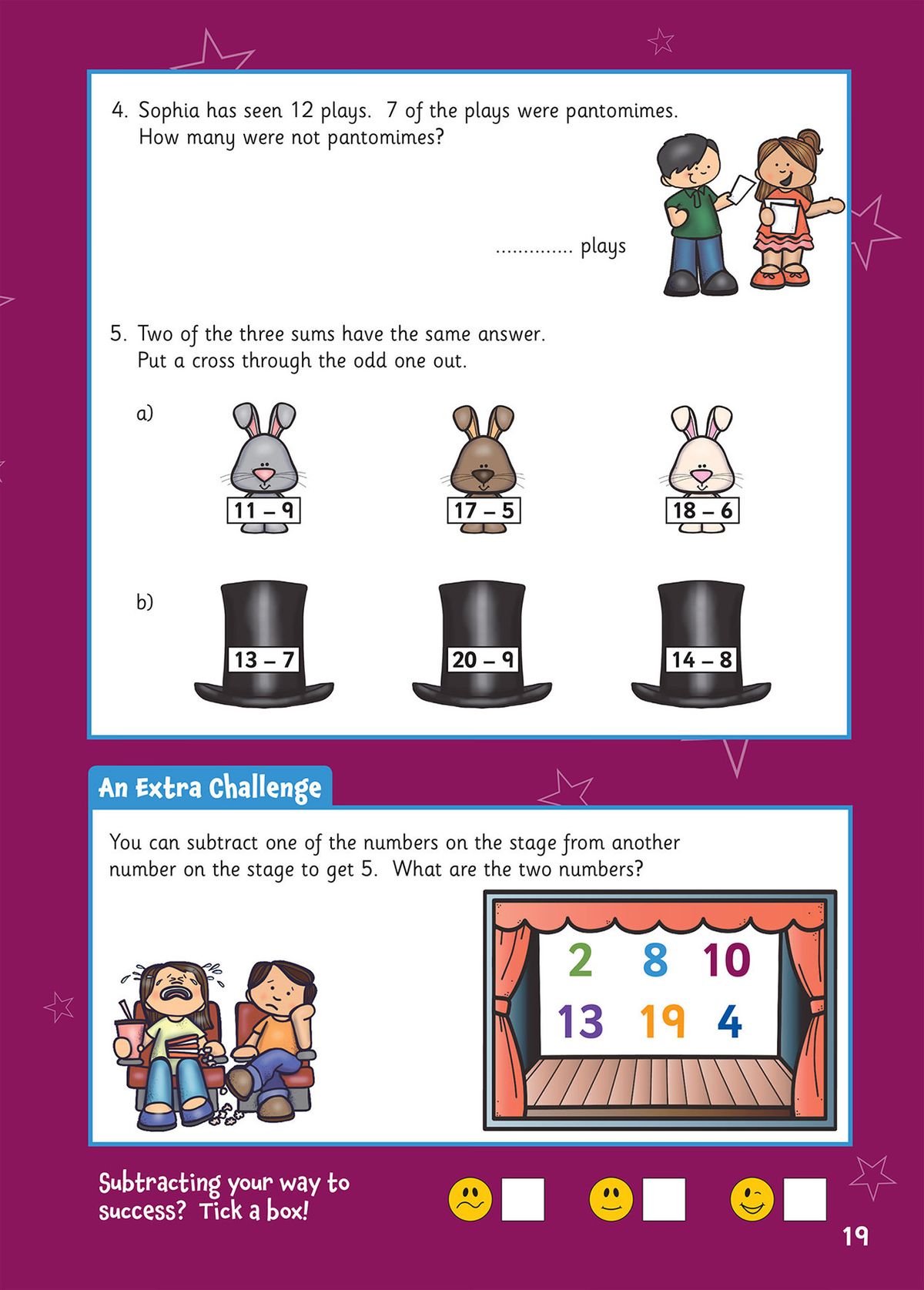 Problem-solving activities featuring bunnies, top hats, and theatre stage challenge