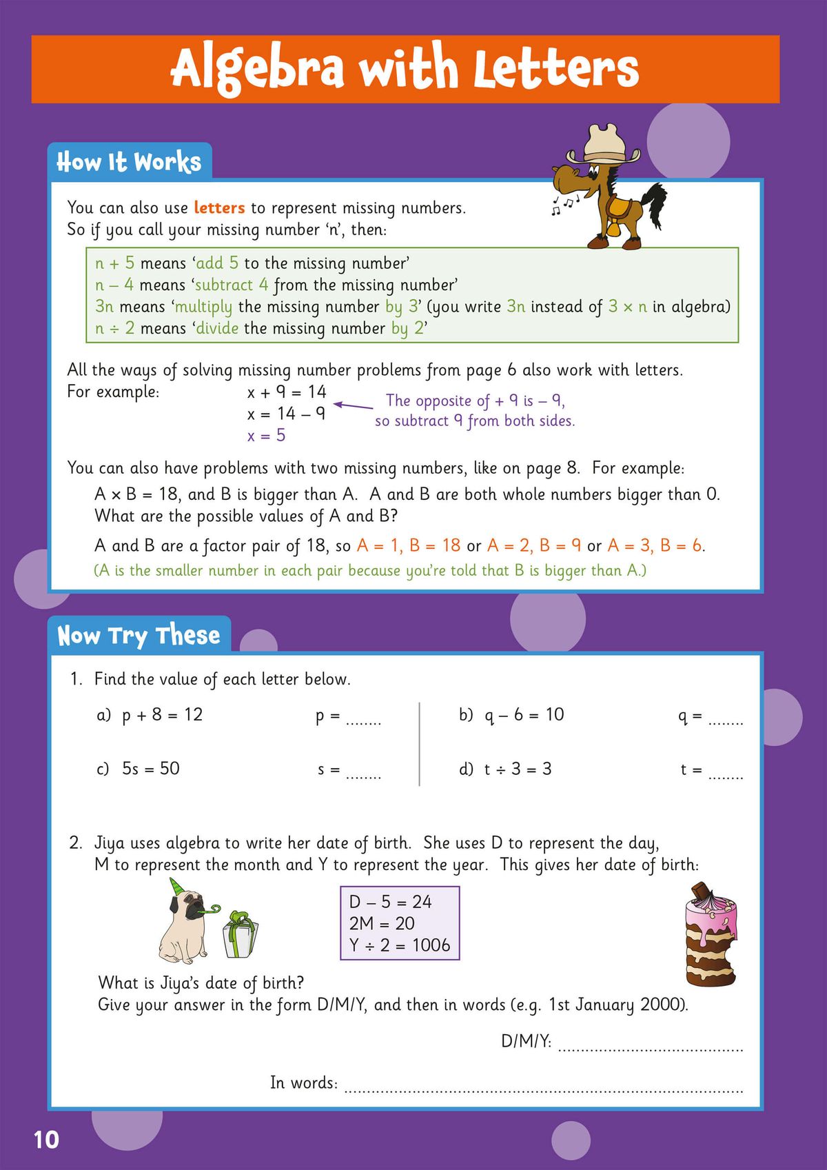 Algebra with Letters explanation page showing how to use letters to represent missing numbers