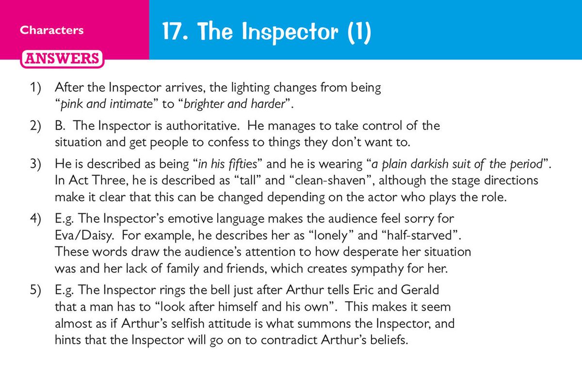 Sample question card showing Quick Questions and extended questions about the Inspector character