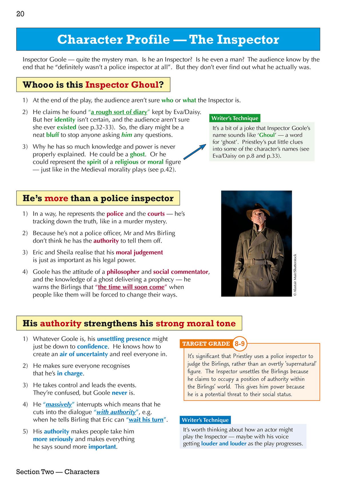 Character profile page showing analysis of Inspector Goole with writer's techniques and target grade tips