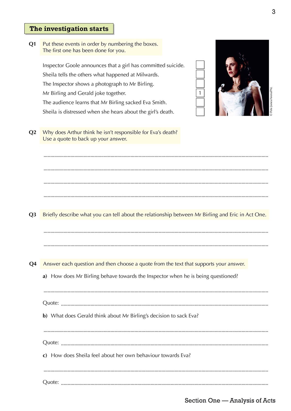 Page showing Act One analysis questions with true/false statements and quote prompts
