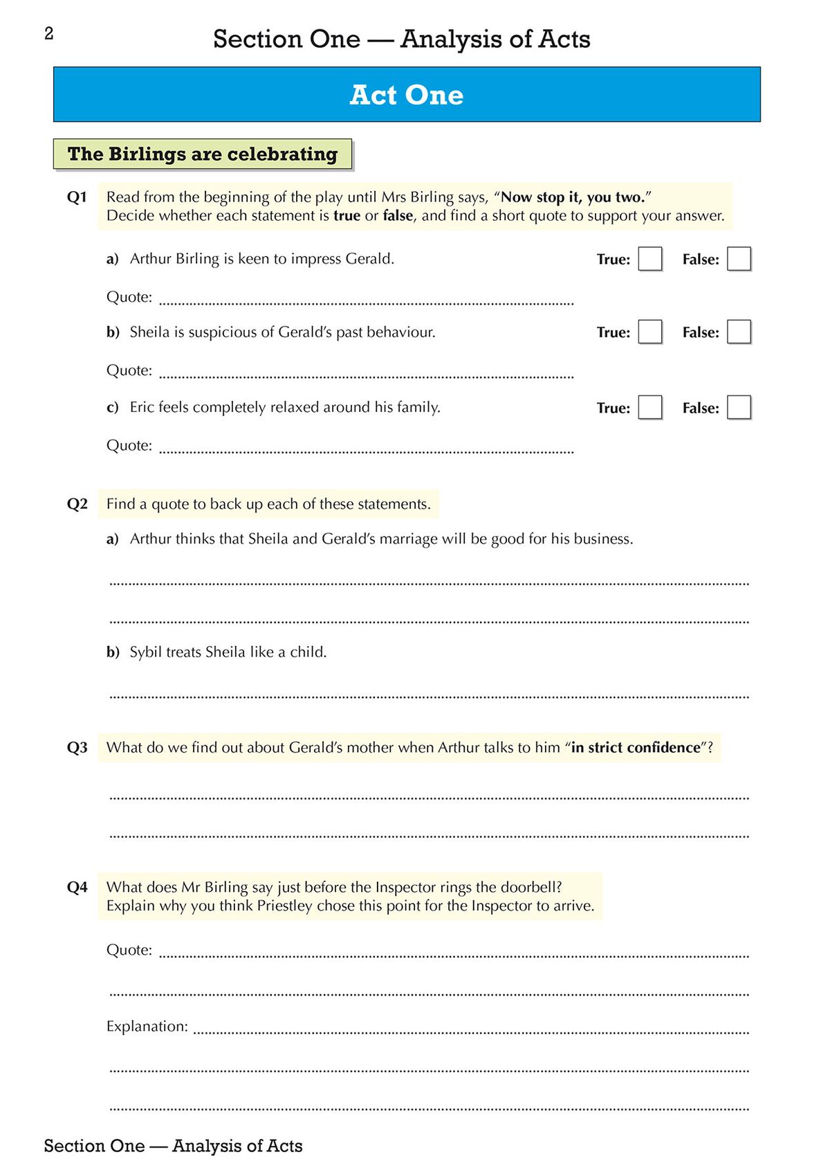 Workbook page with plot sequencing exercise and character analysis prompts
