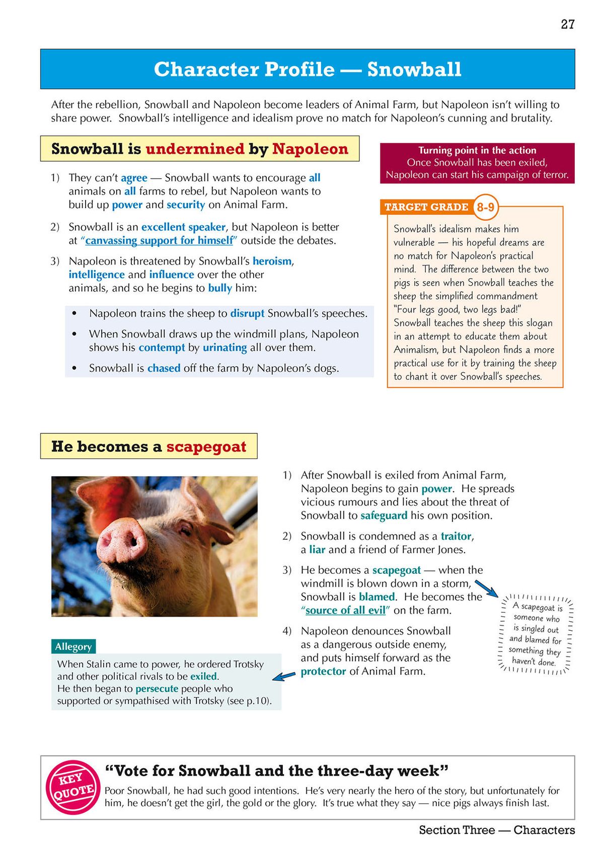 Animal Farm Text Guide showing character profile page for Snowball with annotations and analysis