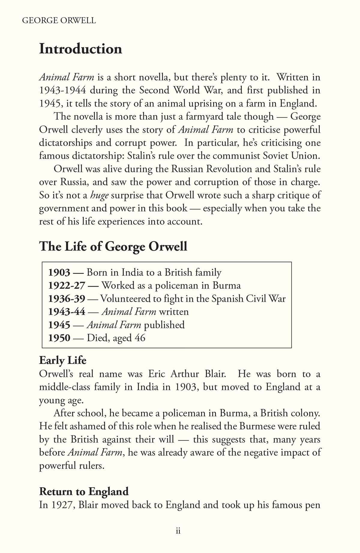 Introduction page showing George Orwell's biography and the historical context of Animal Farm
