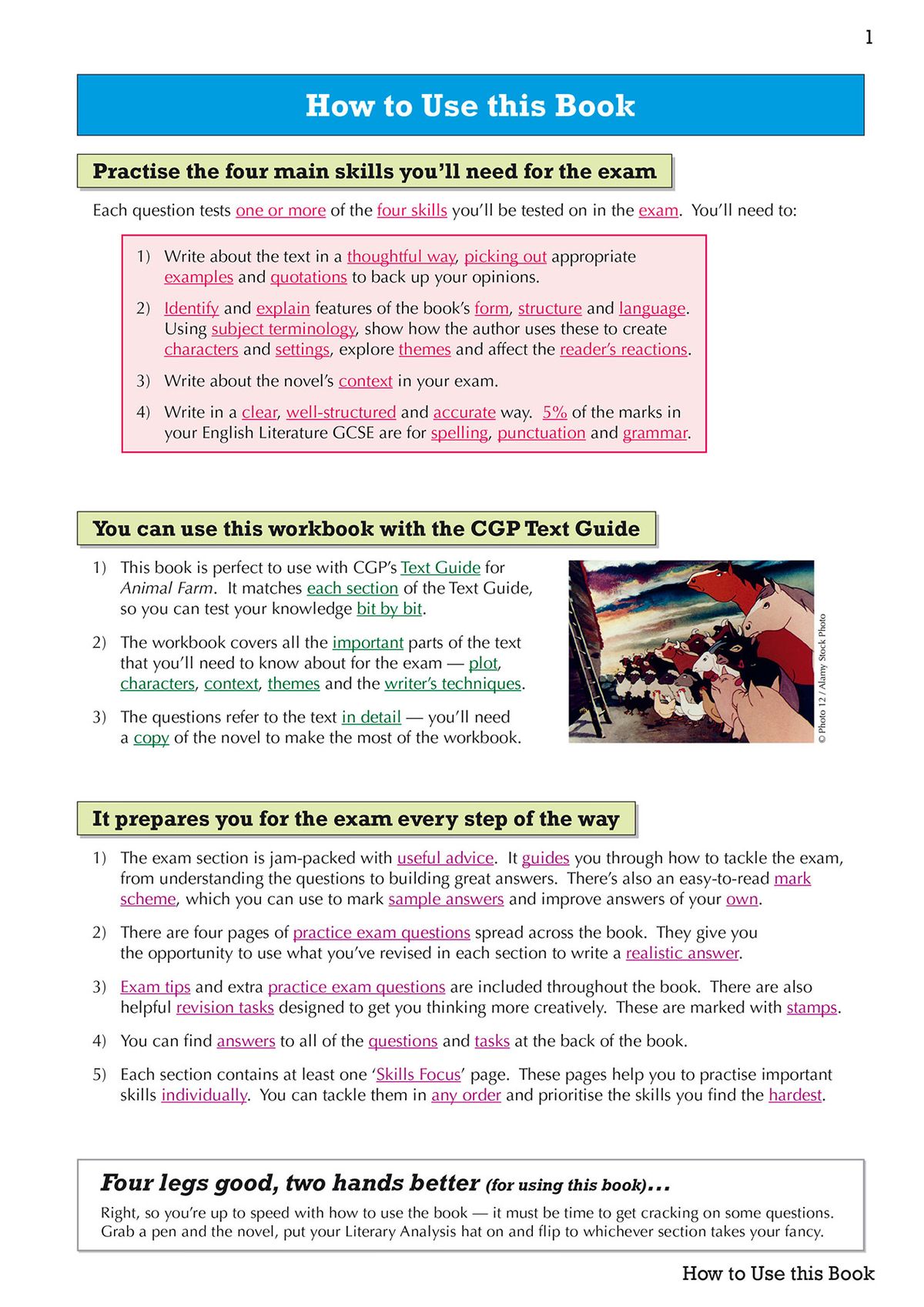 Animal Farm Workbook introduction page explaining how to use the book and practise exam skills