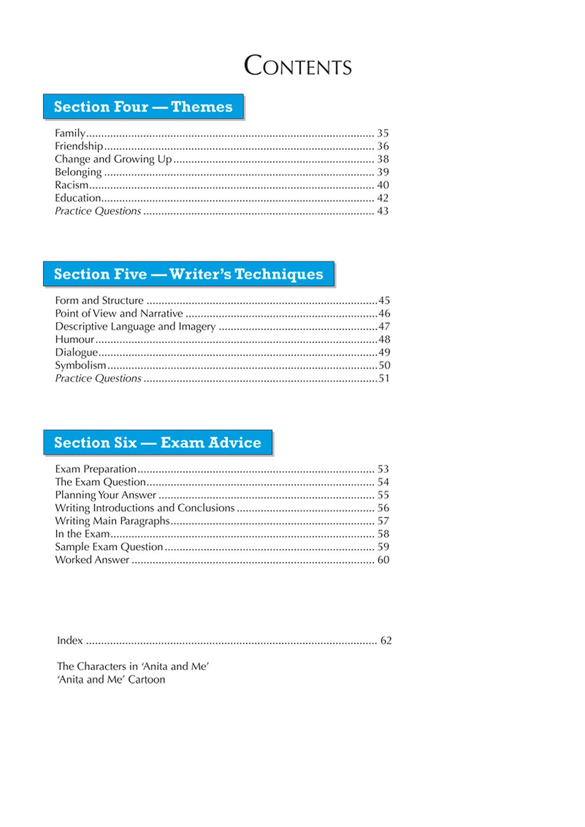 Contents page showing themes, writer's techniques and exam advice sections