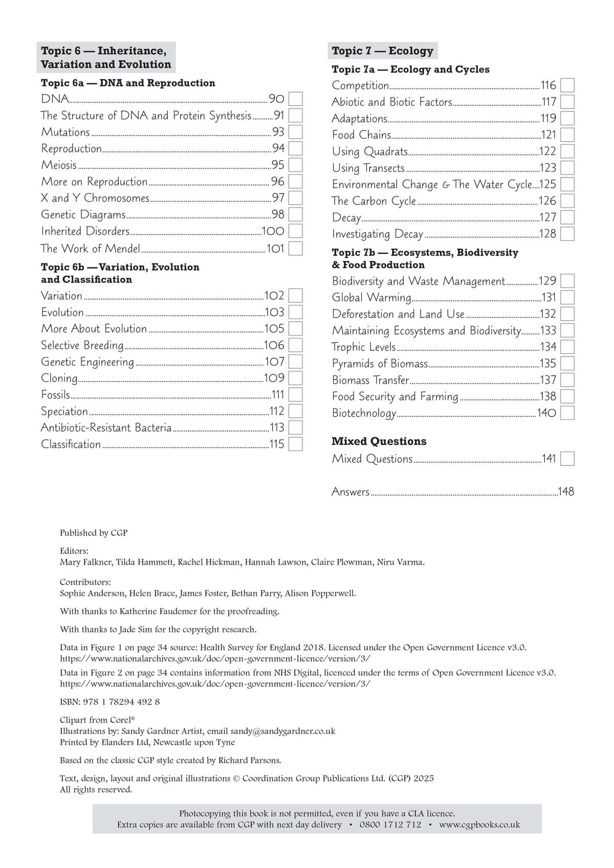 Contents page showing biology topics including Inheritance, Variation and Evolution, and Ecology
