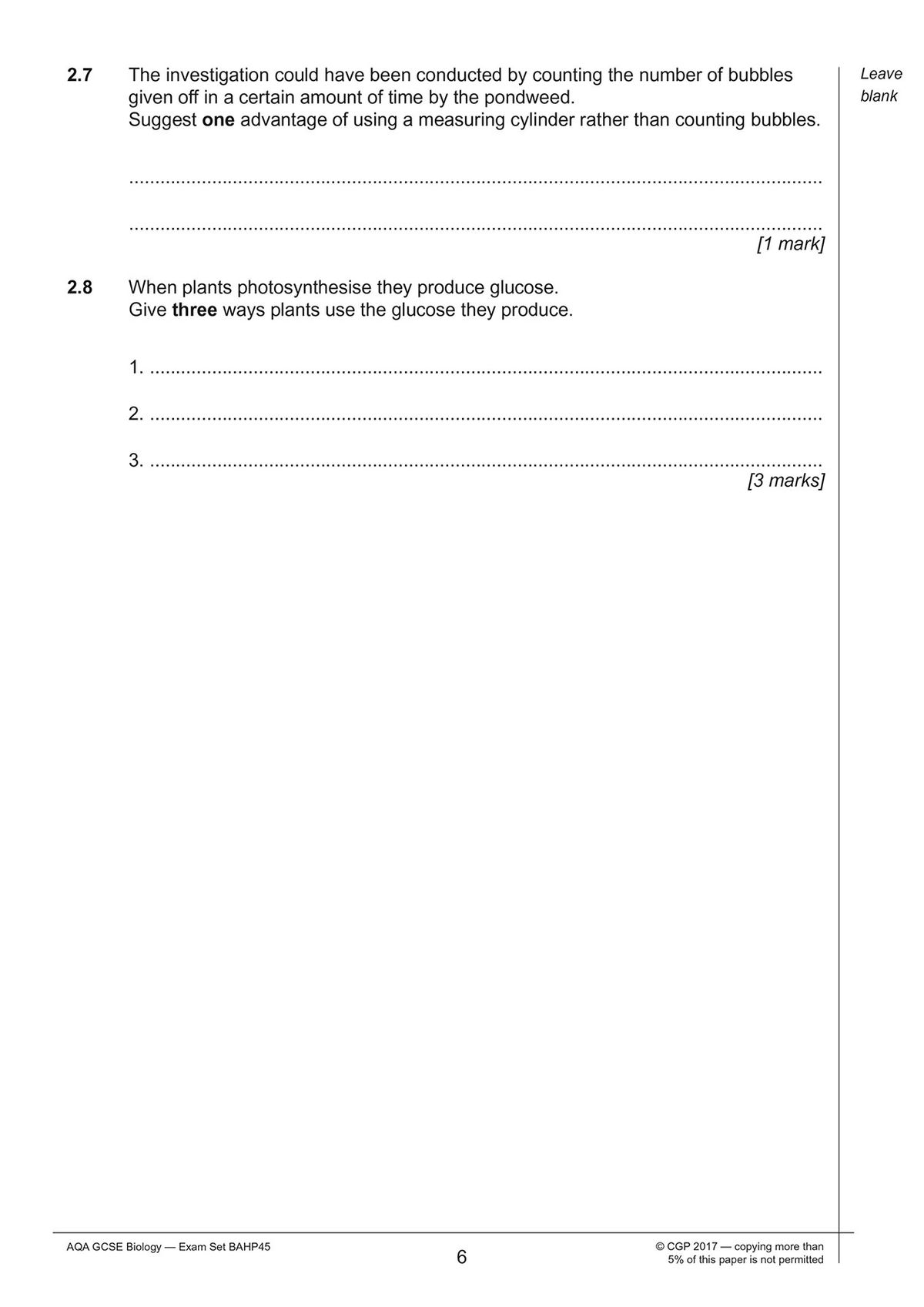Sample page showing photosynthesis investigation questions