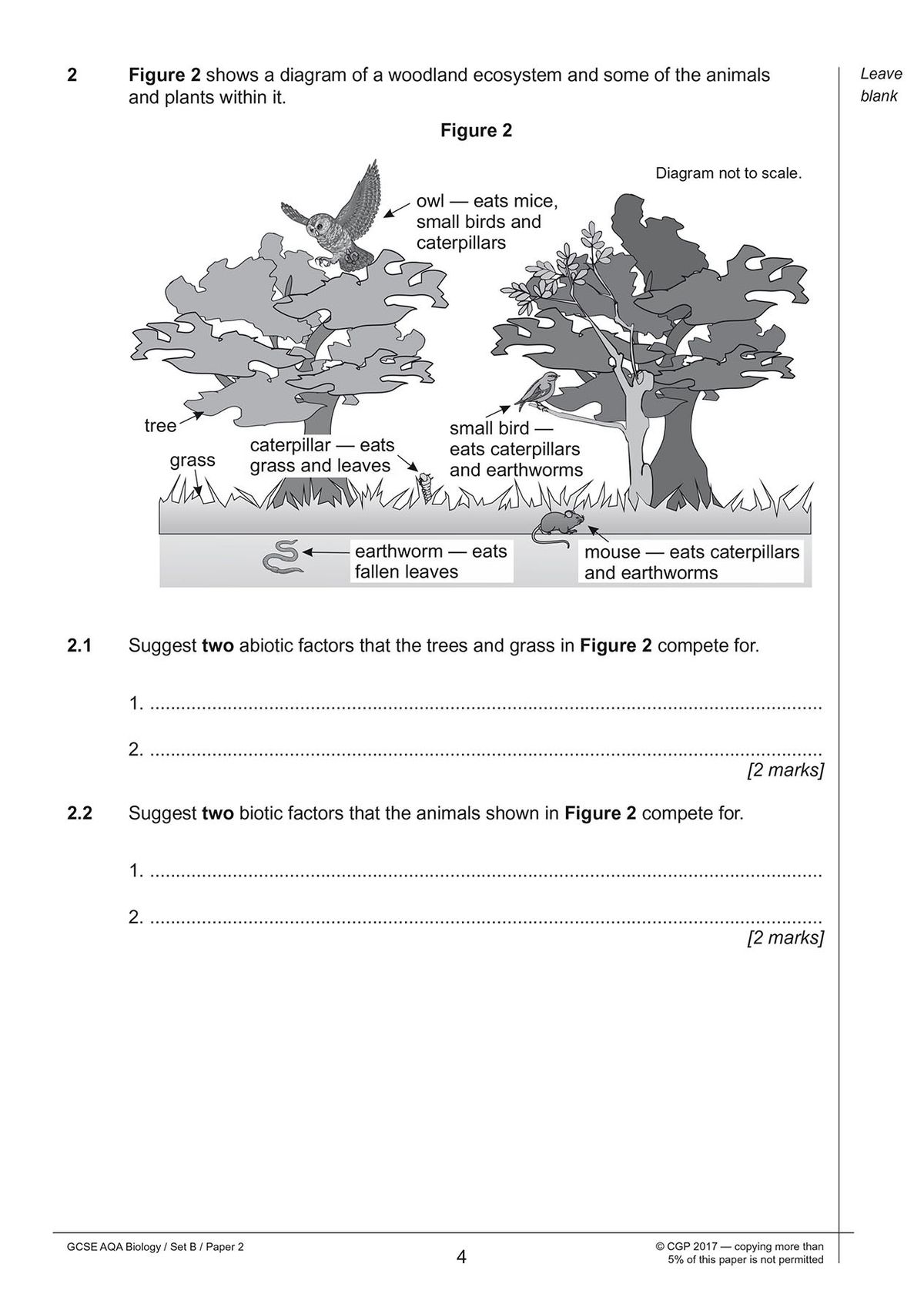 Sample question page showing ecology diagram with food chains and mark allocations