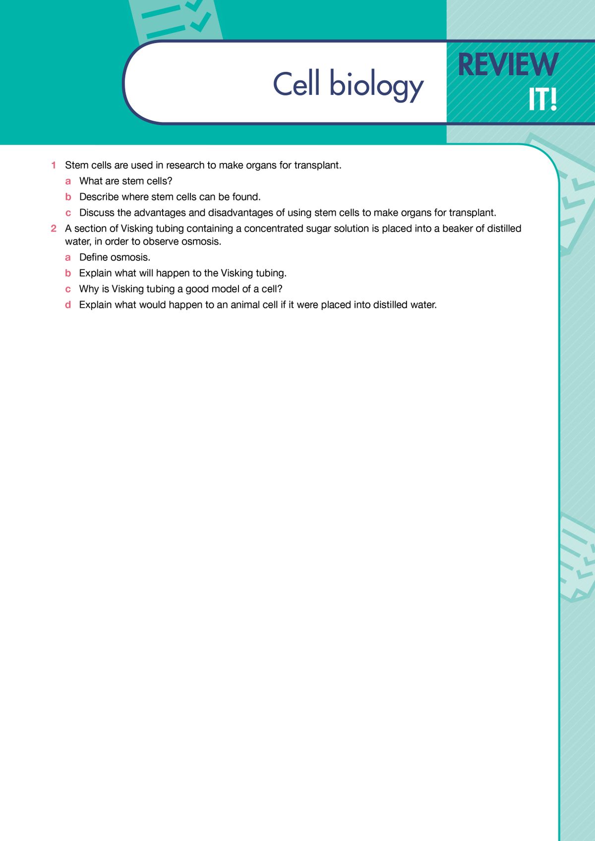 Cell biology review page showing structured revision questions