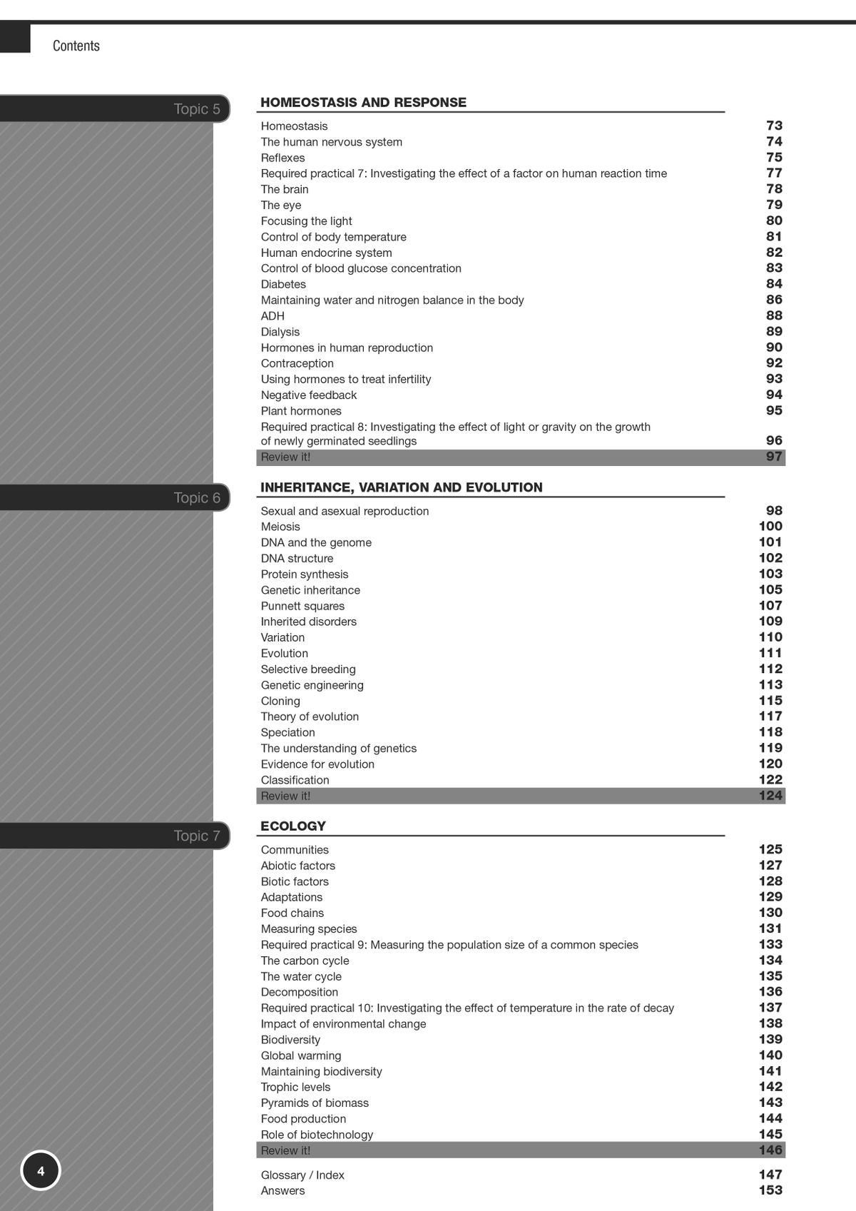 Contents page displaying Biology topics including homeostasis, inheritance and ecology