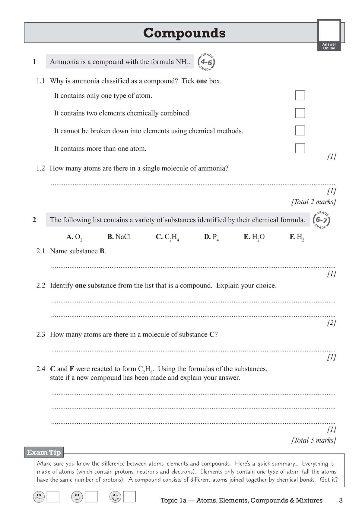 Sample workbook page showing compounds questions with tick boxes and answer lines