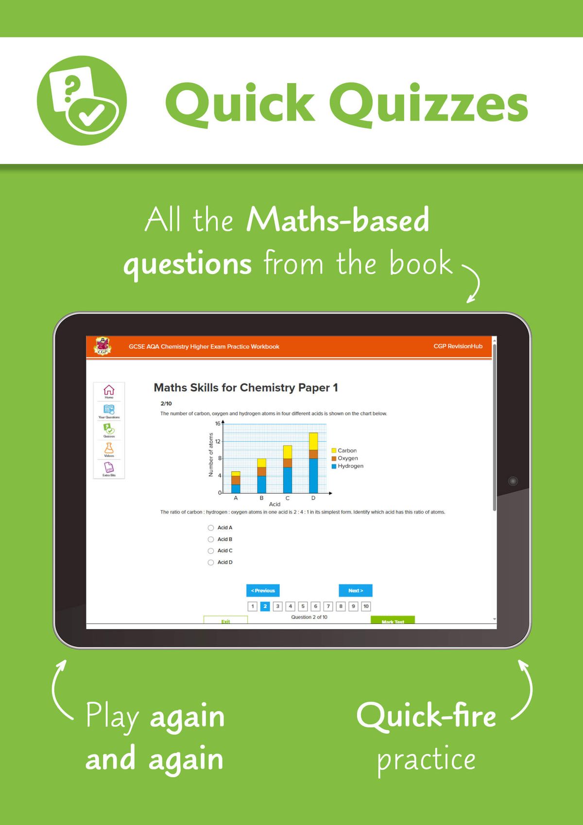 Quick Quizzes feature showing maths-based Chemistry questions on a tablet screen