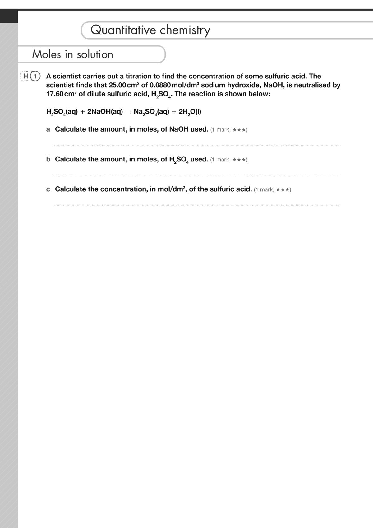 Quantitative chemistry page with moles in solution titration question