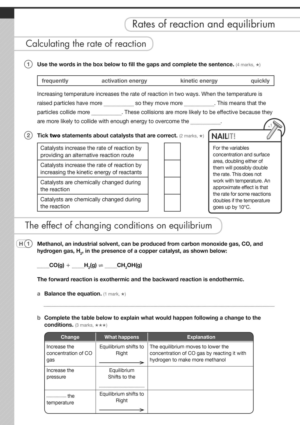 Sample page showing rates of reaction and equilibrium questions with Nail It! examiner tips