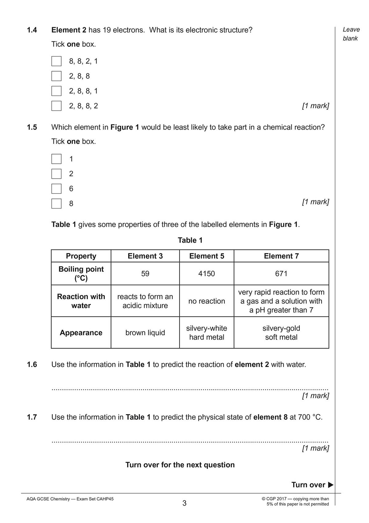 Sample exam question page showing periodic table and element properties questions