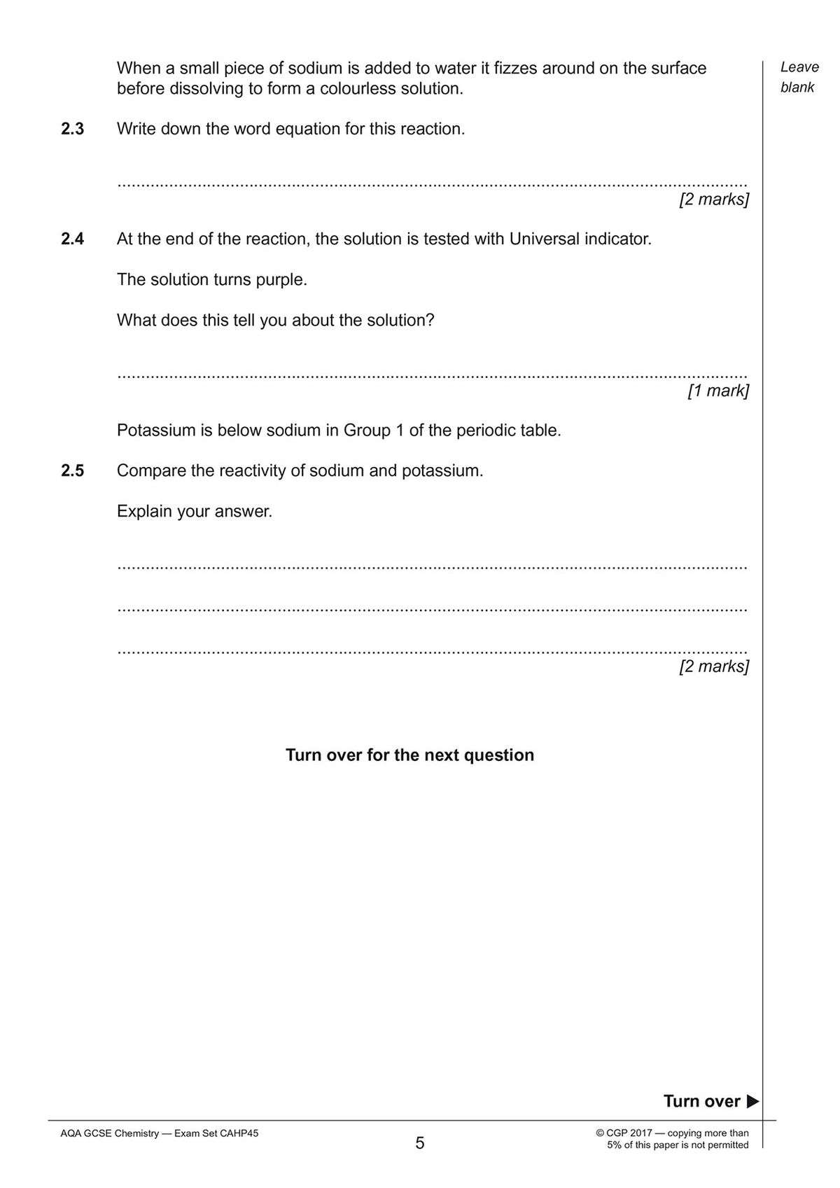 Sample exam question page covering sodium reactions and periodic trends